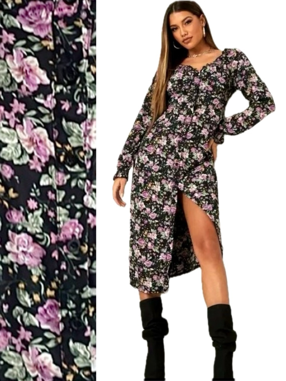 Missguided Floral Button Front Milkmaid Midi Dress Size 2 Ruffle Long Sleeve